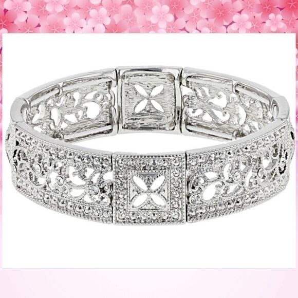 1928 Jewelry White Crystal Silver Tone Fancy Stretch Bracelet - Picture 1 of 6